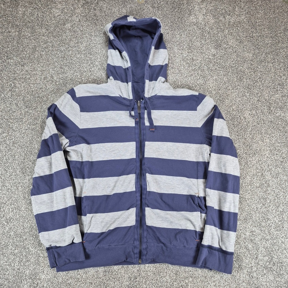 Hugo Boss Orange Hoodie Mens XL Blue Gray Striped Reversible Full Zip Rugby